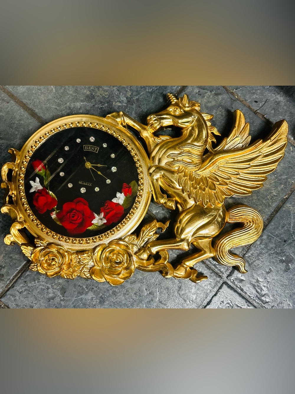 Gold Pegasus Quartz Wall Clock with Red Rose Accent and Black Felt Background